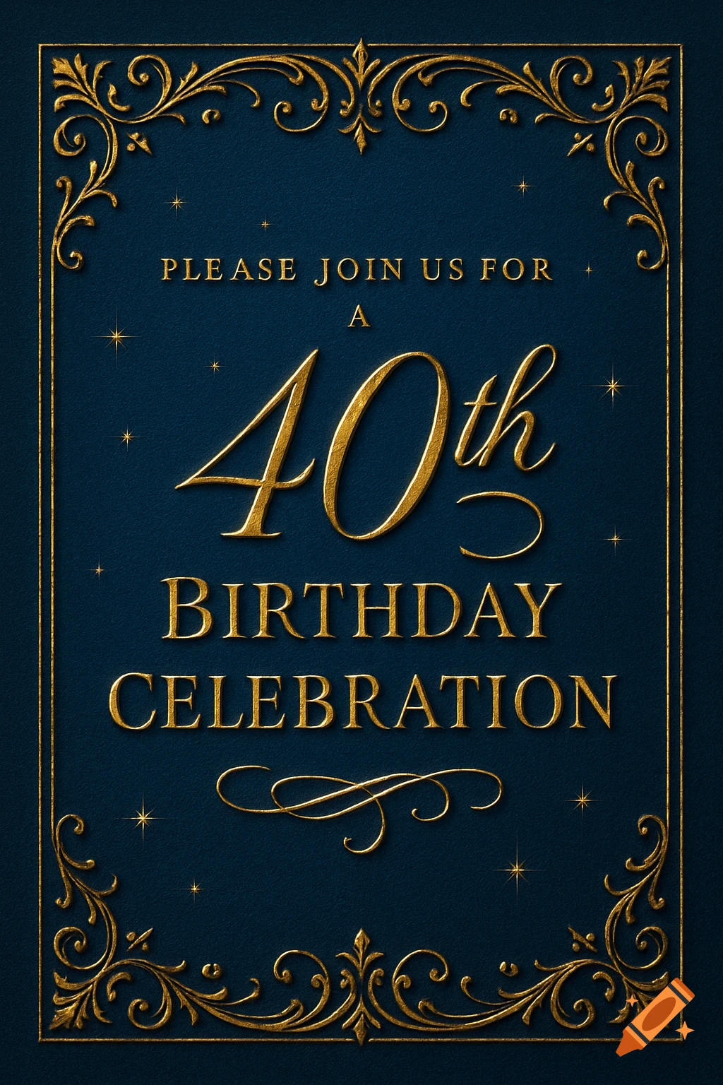 Dark blue invitation card with ornate gold borders and gold text reading "PLEASE JOIN US FOR A 40th BIRTHDAY CELEBRATION".