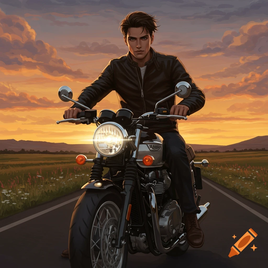 A stylized illustration of a man on a Triumph motorcycle driving down a road at sunset.