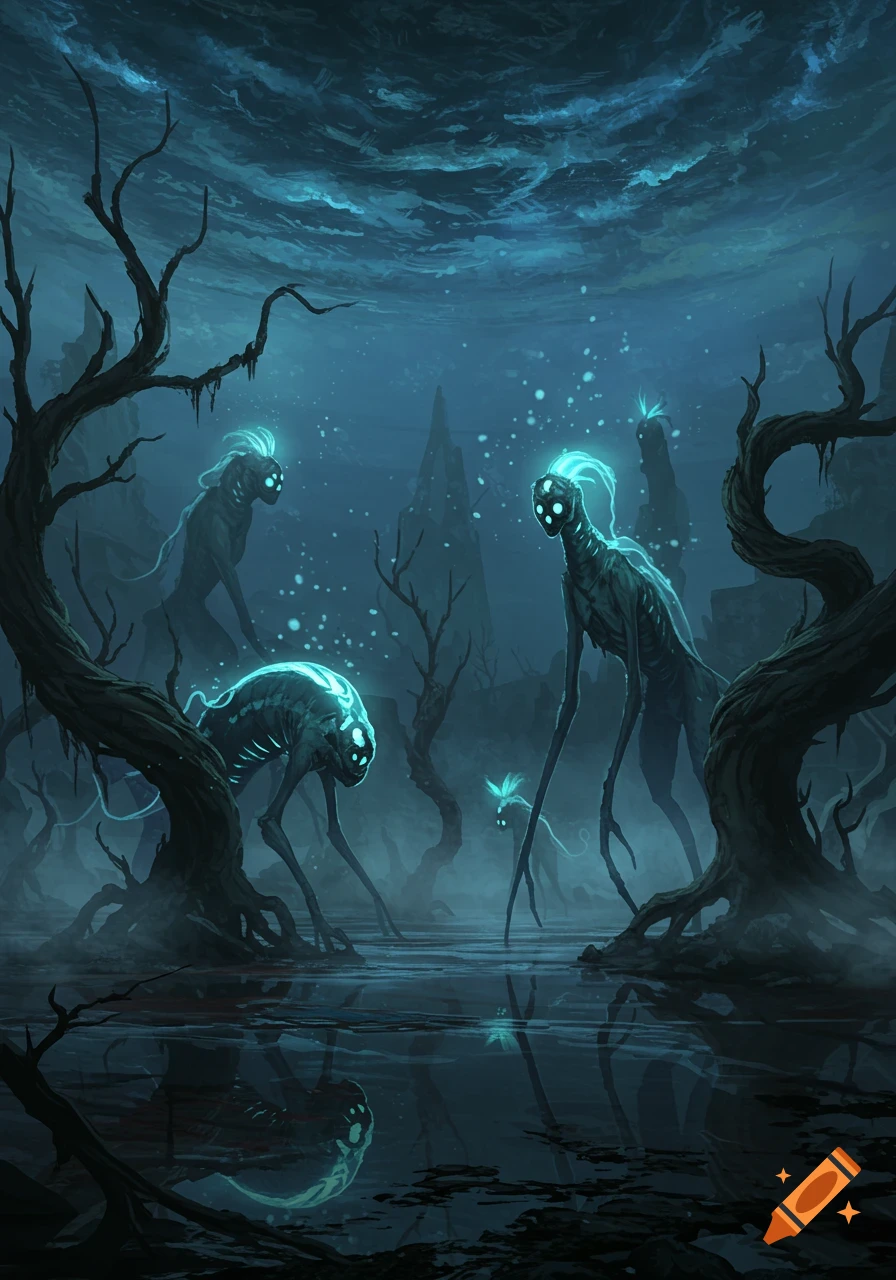 Digital painting of tall, glowing, skeletal creatures with multiple eyes in a dark, misty swamp with twisted trees.
