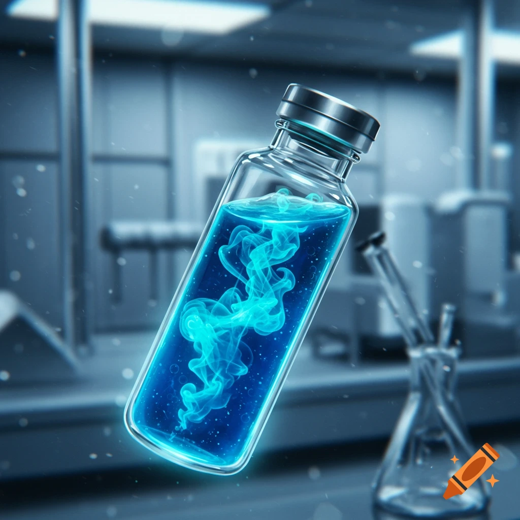 A glass vial filled with glowing blue liquid and swirling energy patterns, set in a blurred laboratory background.
