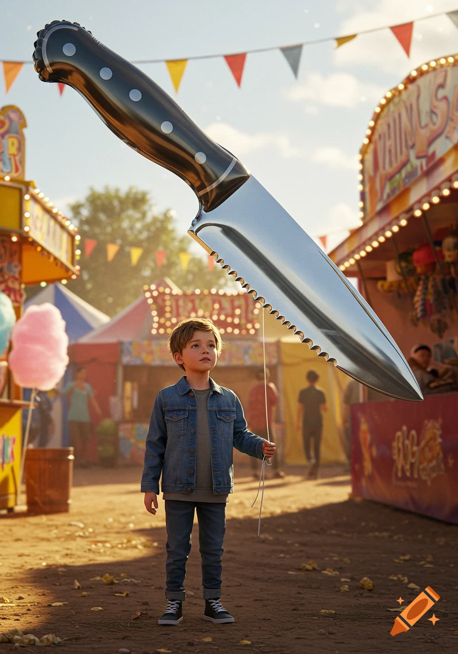 A young boy holds a giant, realistic knife-shaped balloon at a sunlit carnival.