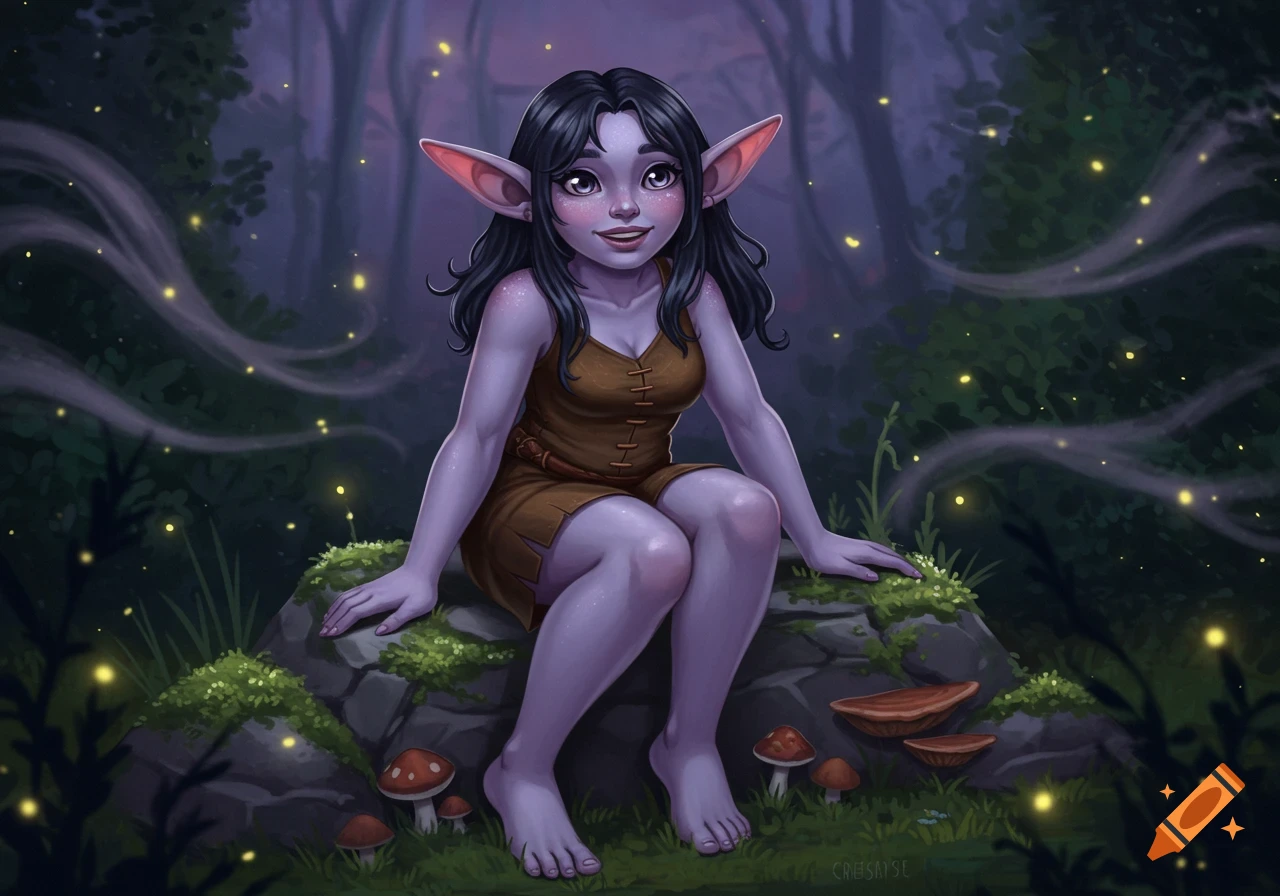 A cute, purple-skinned goblin with black hair and large ears sits on a mossy rock in a magical forest with fireflies. Illustrated.