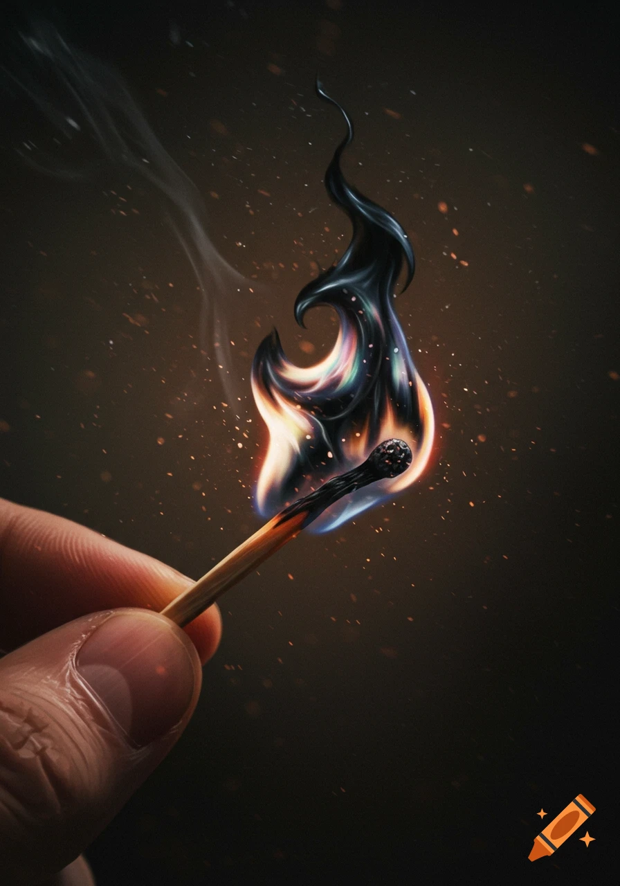 Close-up of a hand holding a burning match with a dark, iridescent, photorealistic flame emitting smoke and sparks.