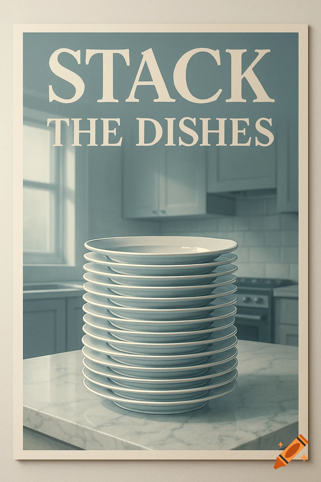 Poster in a kitchen with text 'STACK THE DISHES' above a tall stack of clean white plates on a marble counter.