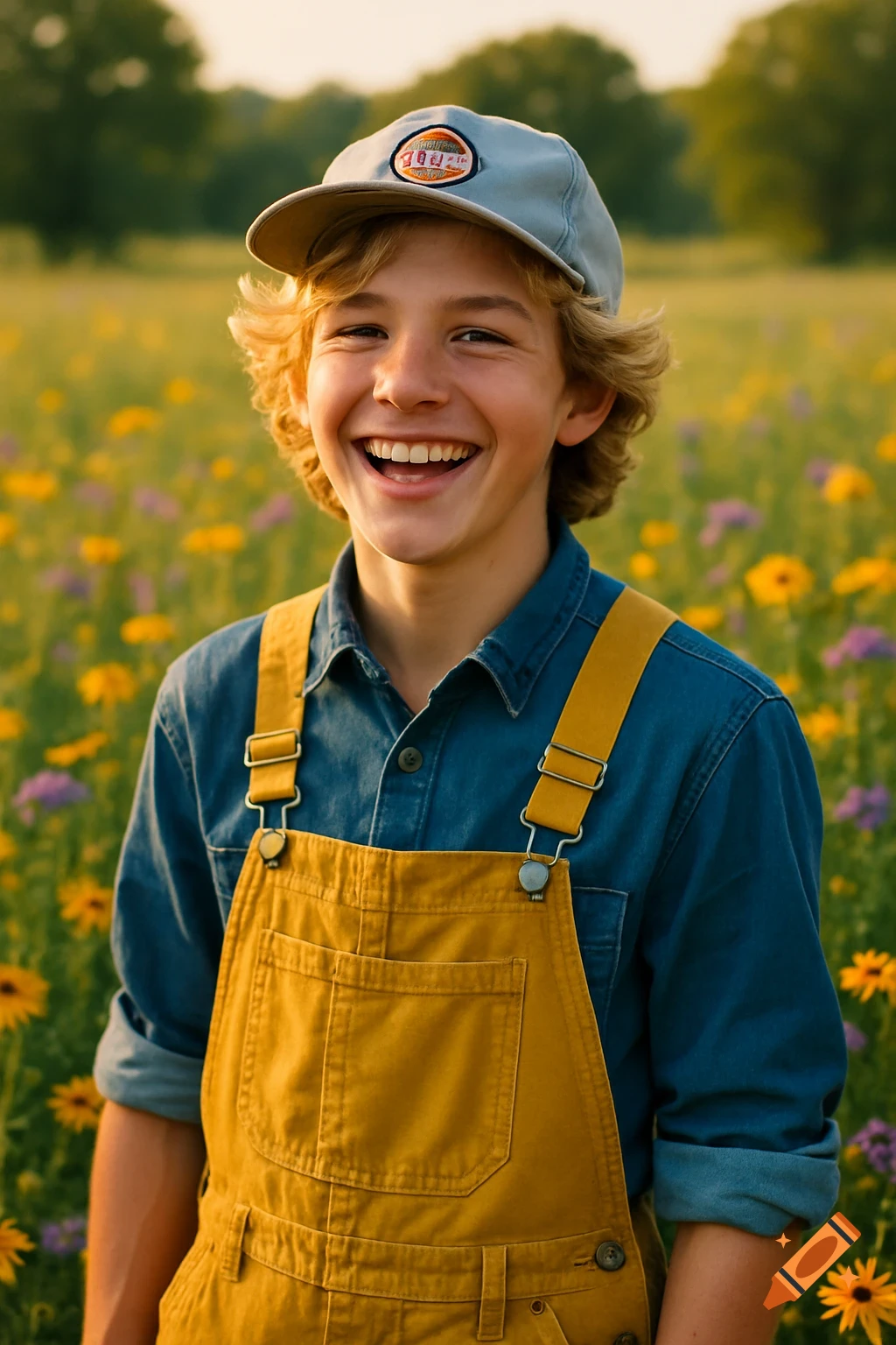 A cheerful boy with blonde hair and a cap smiles in a field of yellow and purple wildflowers, wearing a denim shirt and yellow overalls.