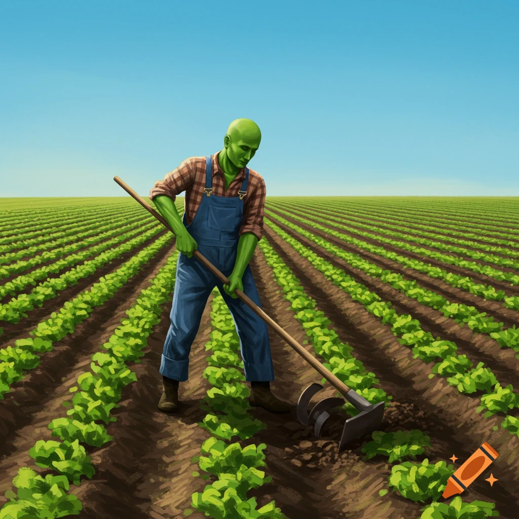 A bald, green-skinned man in overalls and a plaid shirt tills a field of green crops under a blue sky, illustration.