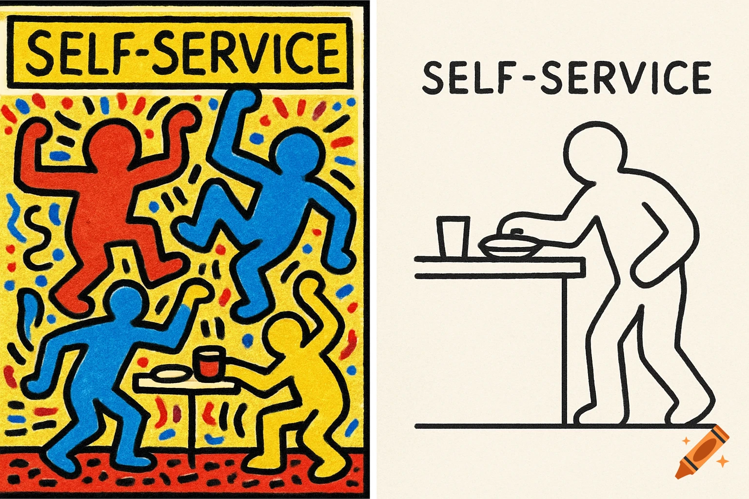 Two panels of 'SELF-SERVICE' signs. Left in Keith Haring style with colorful figures; right is minimalist line art.