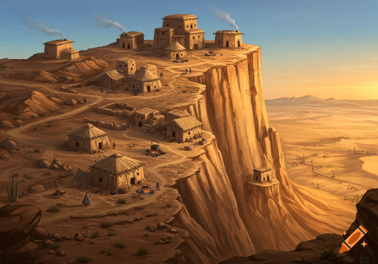 Digital painting of ancient villages built on a tall desert mesa, with smoke rising from buildings under a sunset sky.