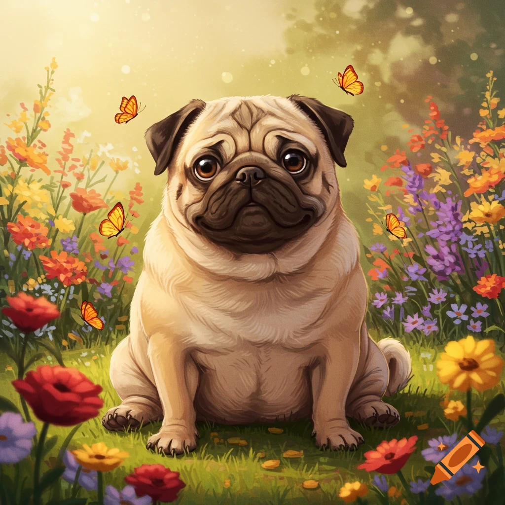 A cute, fat pug sits amidst a vibrant field of colorful flowers with butterflies, in an illustrated style.