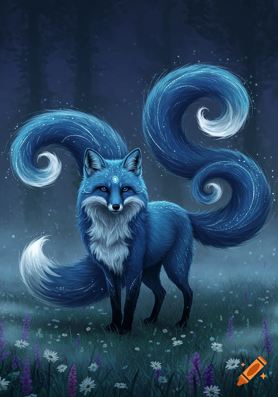 A fantastical blue fox with glowing fur and multiple large, spiraling tails stands in a mystical dark forest.