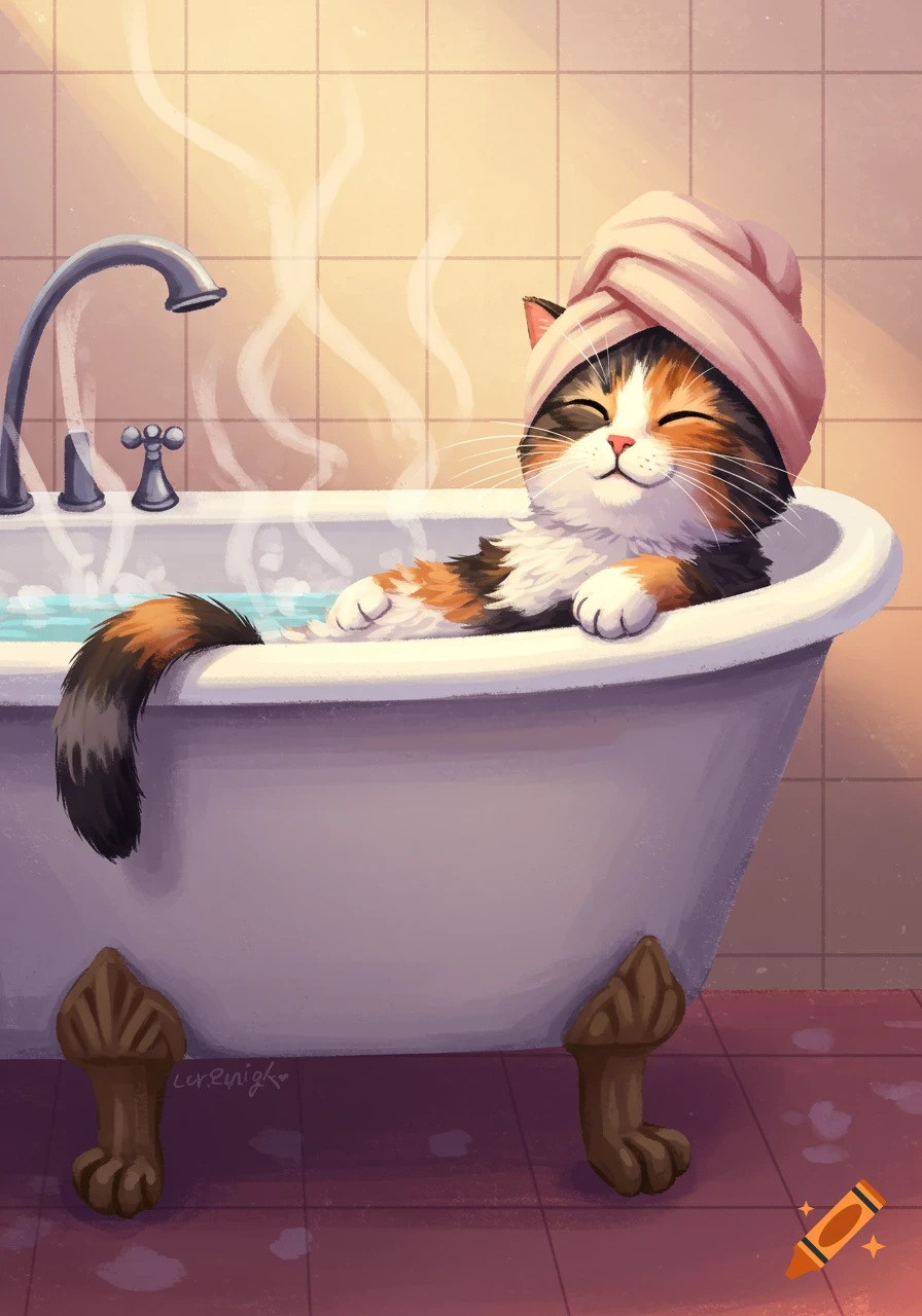 A happy calico cat wearing a pink towel on its head, relaxing in a steaming bathtub in a cartoon style illustration.