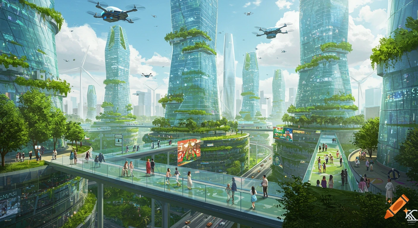 A vibrant, futuristic city with glass skyscrapers covered in greenery, connected by elevated walkways with diverse people. Drones fly above, and wind turbines dot the skyline.