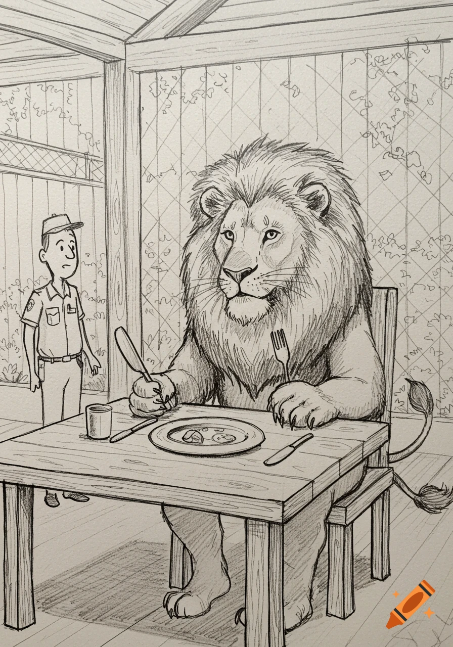 Sketch illustration of a lion eating at a table in a zoo exhibit, watched by a surprised zookeeper.