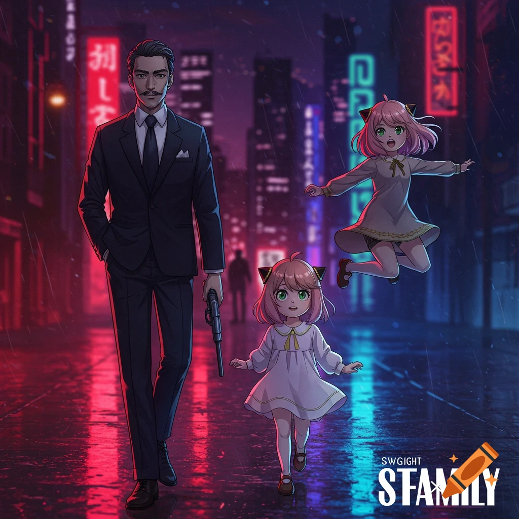 A man in a suit holding a gun walks with two pink-haired girls on a rainy neon-lit city street in an anime style.