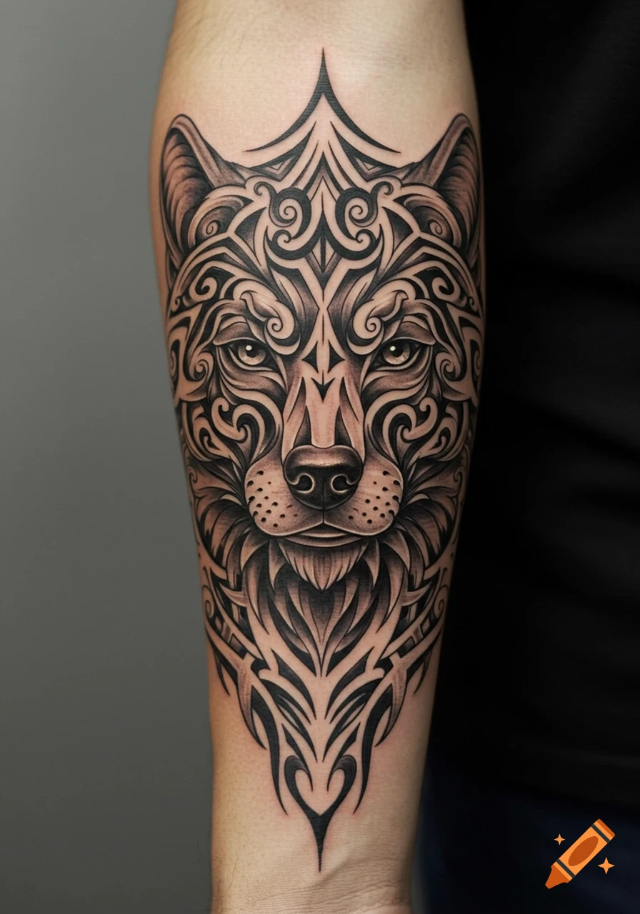 Detailed black and white tribal wolf head tattoo on an arm.