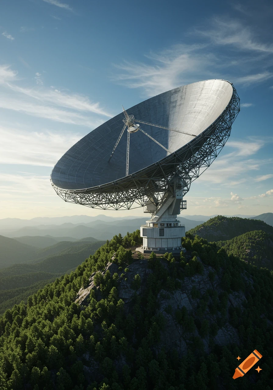 A large radio telescope on a forested mountain peak under a blue sky, with a hazy mountain range in the background. Photorealistic style.