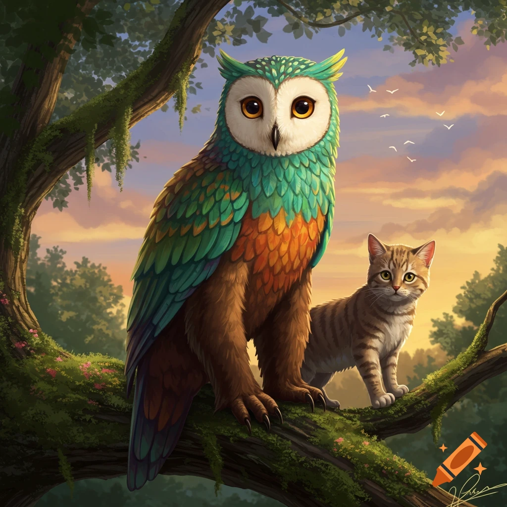 A large, colorful owl with green, orange, and brown feathers sits on a mossy tree branch next to a tabby cat, against a sunset sky in a digital art style.