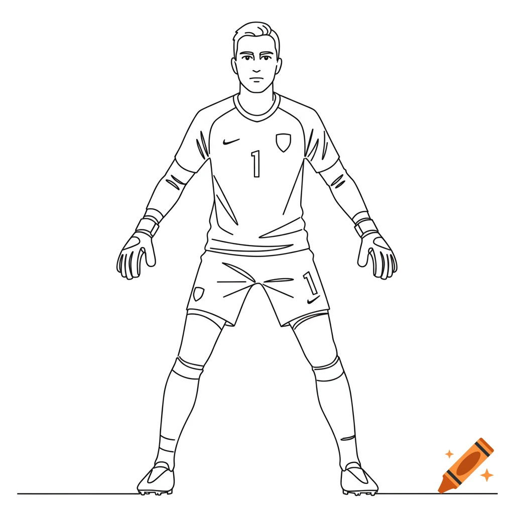 Line drawing of a soccer goalkeeper in a set stance, facing front.