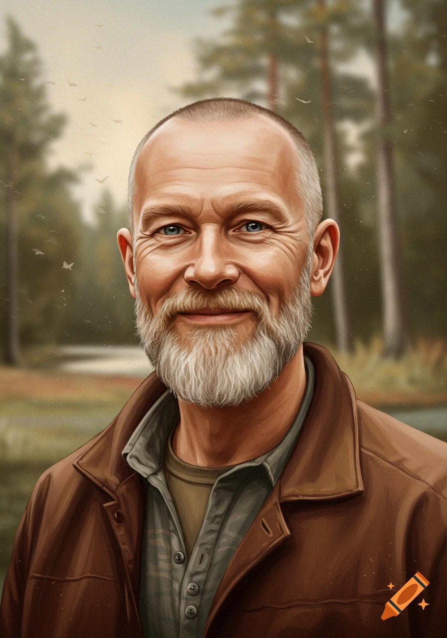 A digital illustration of a smiling older man with blue eyes, a short bald head, and a full white beard, wearing a brown jacket, against a forest background.