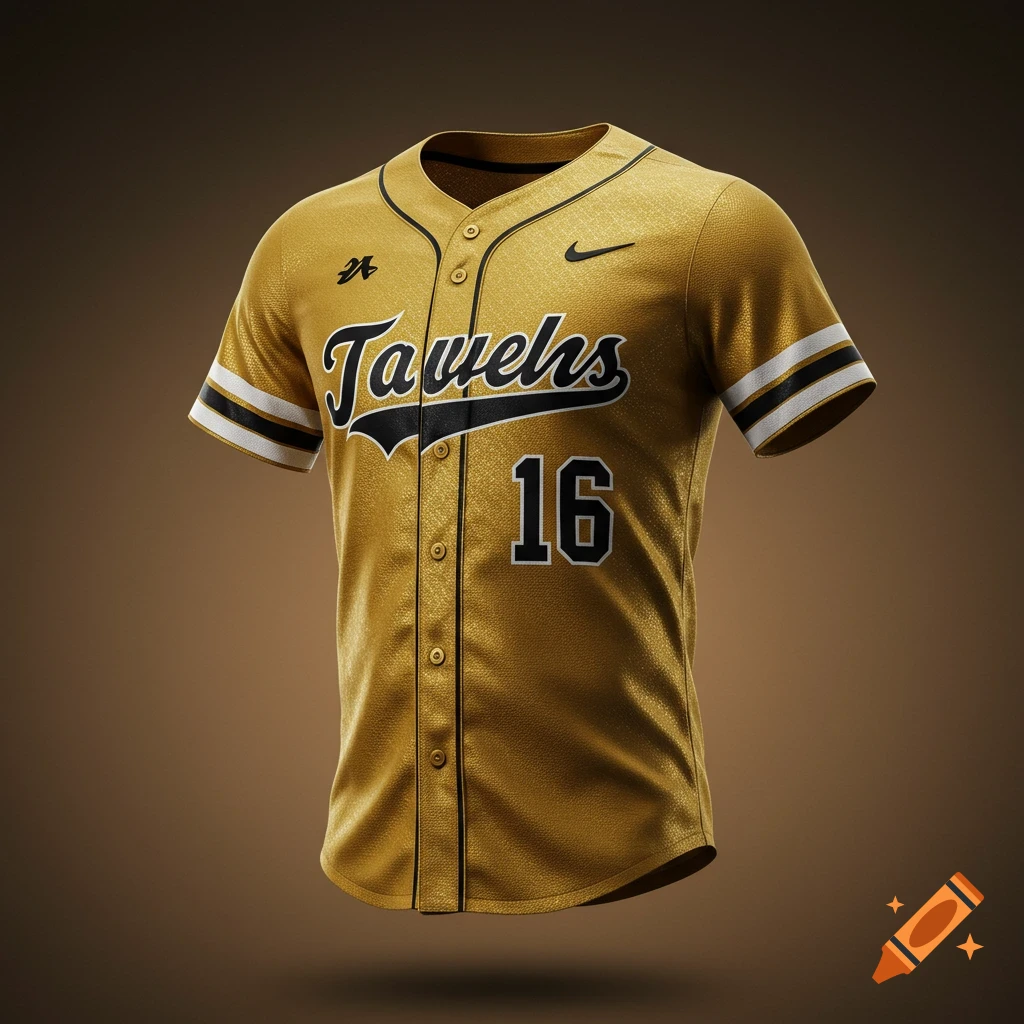 Gold, black, and white baseball jersey with 'Tavveh's' and '16' on the front, against a brown background.