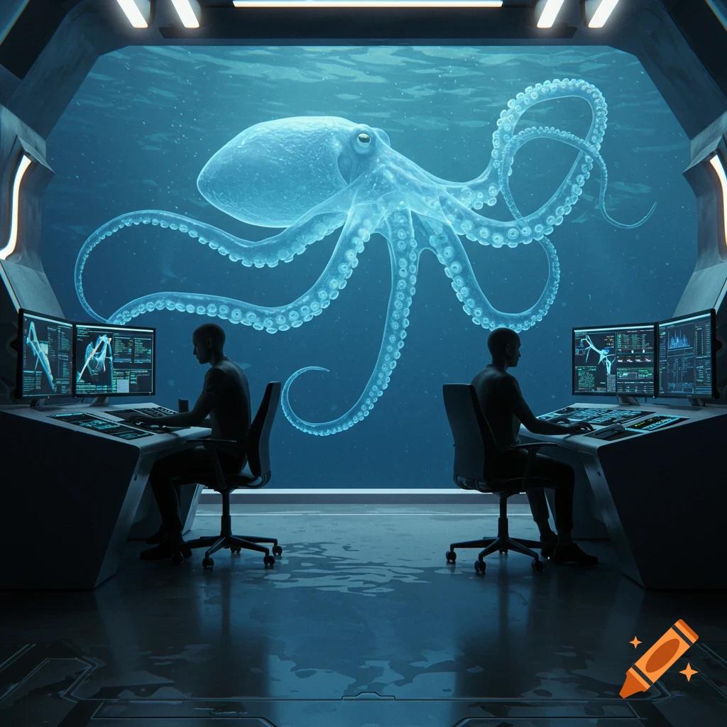 Two silhouetted figures work at glowing computer stations in a futuristic underwater base, observing a large, translucent octopus through a massive window.
