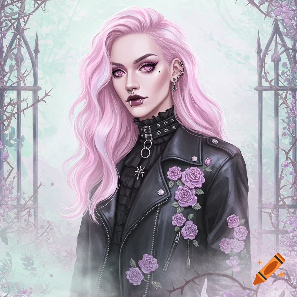 A pastel goth woman with pink hair, piercings, and vampire fangs in a black leather jacket with purple roses, stands by a gothic gate. Digital art portrait.