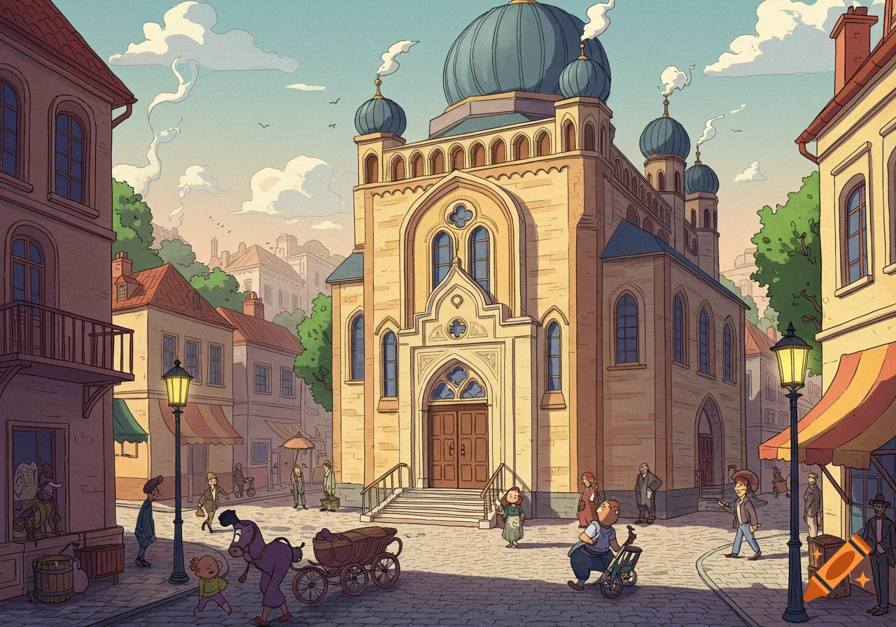 Vibrant cartoon of a synagogue with blue domes in an old-world town square with people and a horse-drawn cart.