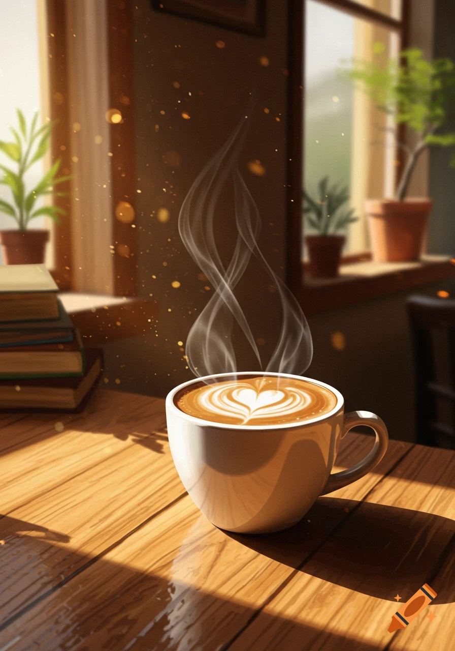 Steaming cup of coffee with heart latte art on a sunlit wooden table, plants and books in background. Photorealistic style.