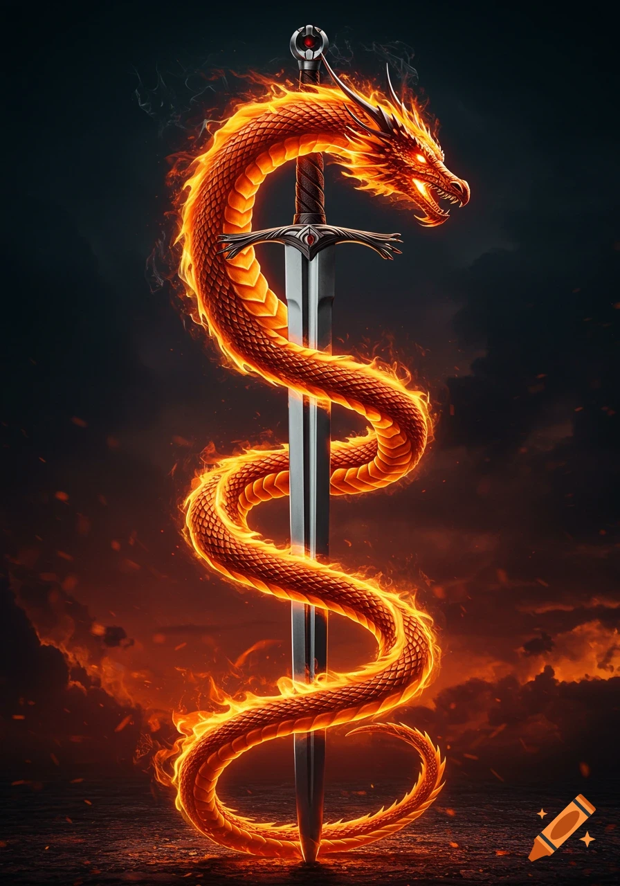 A majestic fiery dragon wrapped around a gleaming silver sword, set against a dark, glowing background.