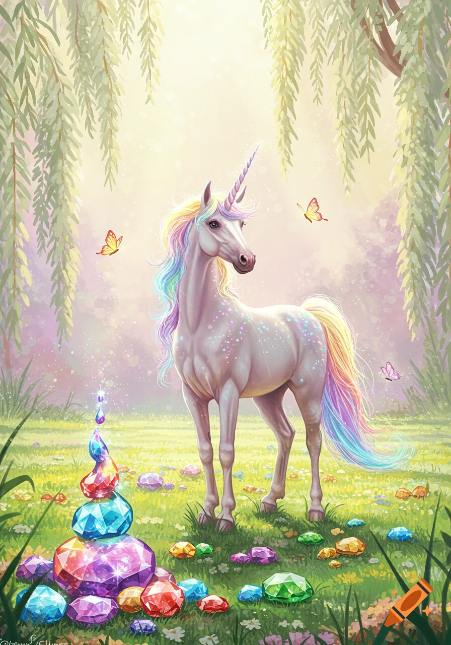A whimsical white unicorn with rainbow mane and tail stands in a magical field filled with colorful, sparkling gems and butterflies.