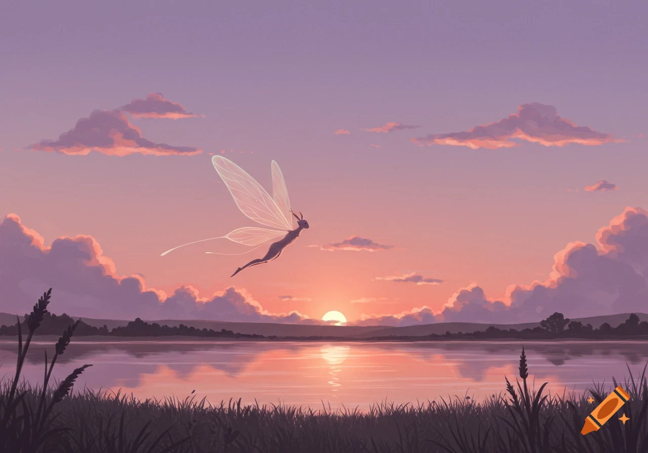 A silhouetted fairy-like creature with glowing wings flies over a reflective lake at a purple and orange sunset, with grassy foreground.