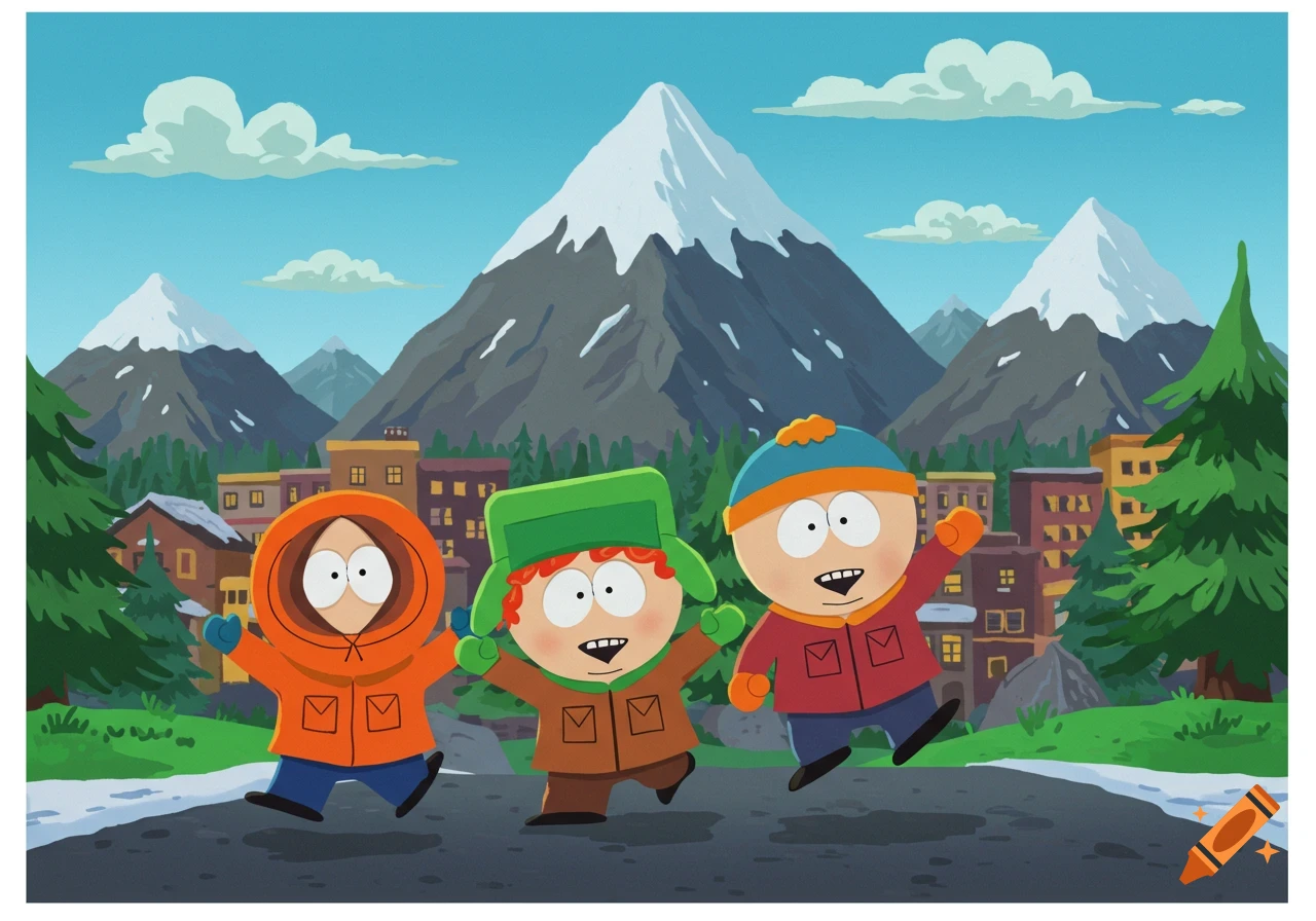 Cartoon characters resembling Kenny, Kyle, and Cartman from South Park walk in a snowy mountain town.