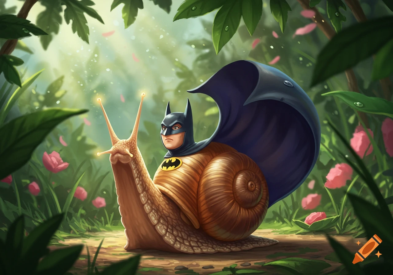 Digital illustration of a snail with Batman's head and cape crawling on a lush forest floor with pink flowers.