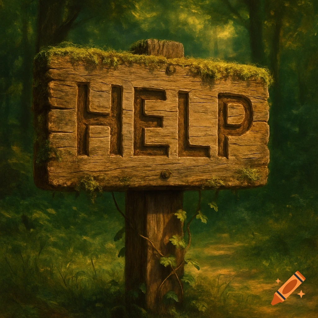 A weathered wooden sign covered in moss with 'HELP' carved into it, standing in a lush, green forest.