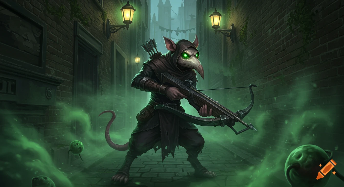 A rat-like plague doctor figure in a dark alleyway, holding a crossbow, surrounded by green fog and glowing street lamps.