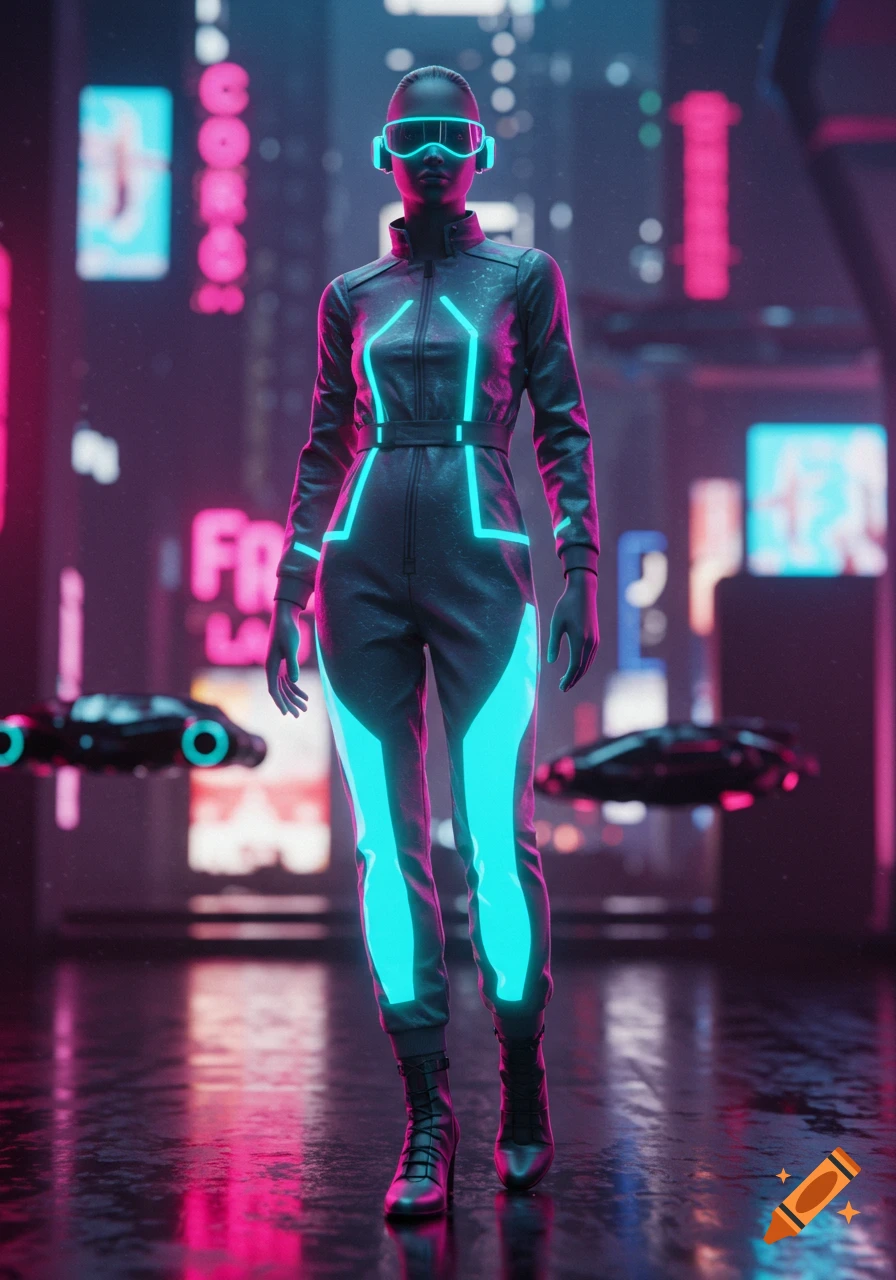 A person in a black futuristic suit with neon blue lights and glowing visor stands in a cyberpunk city at night.