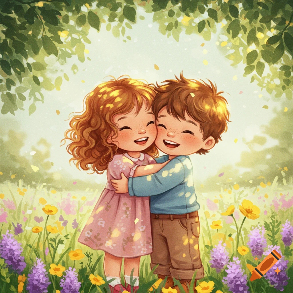 A cute illustration of a boy and a girl happily hugging in a sunny field of colorful flowers under green leaves.