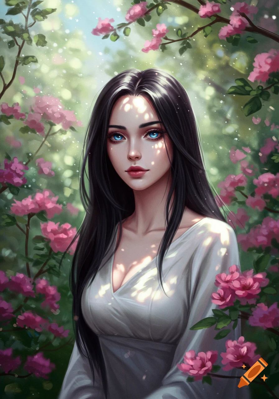 A digital painting of a beautiful young woman with long black hair and striking blue eyes, surrounded by pink flowers in dappled sunlight.