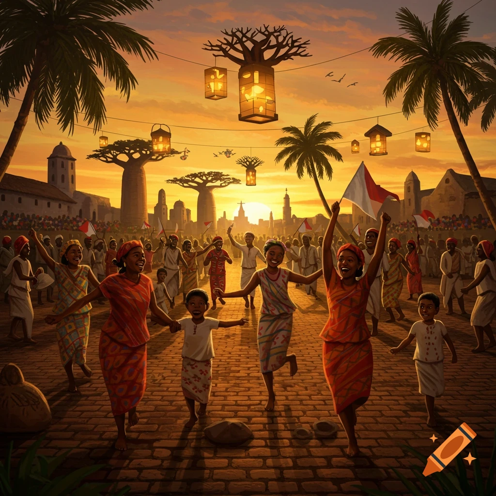 People, including women and children, run and celebrate on a cobblestone street at sunset, with baobab trees, lanterns, and distant buildings.