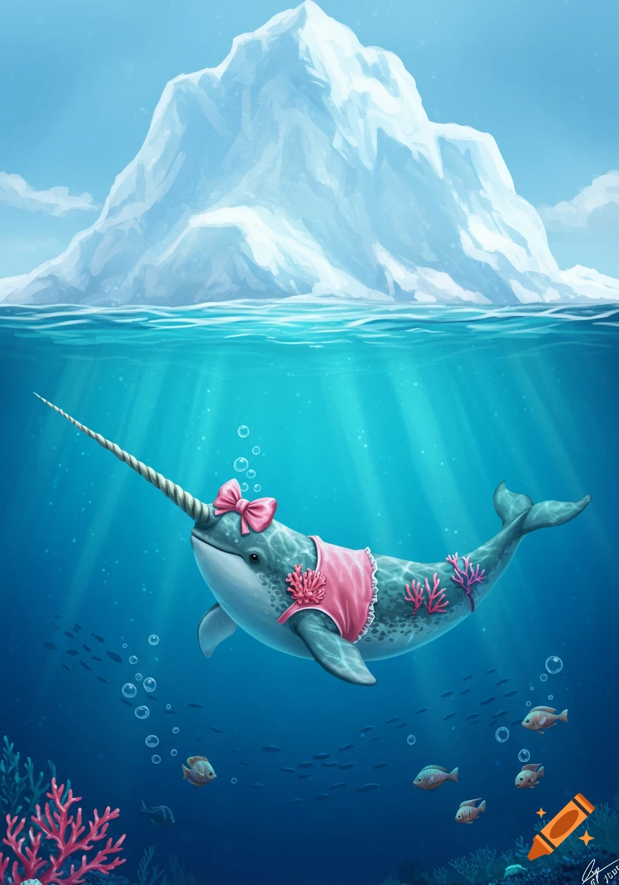 A cute narwhal in a pink dress and bow swims under an iceberg in a whimsical underwater illustration.