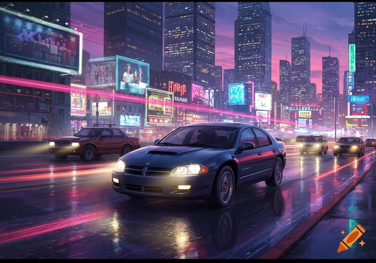 A dark blue Dodge Intrepid drives down a wet city street at night, illuminated by bright neon signs and streaking pink lights. Other cars are in the background.
