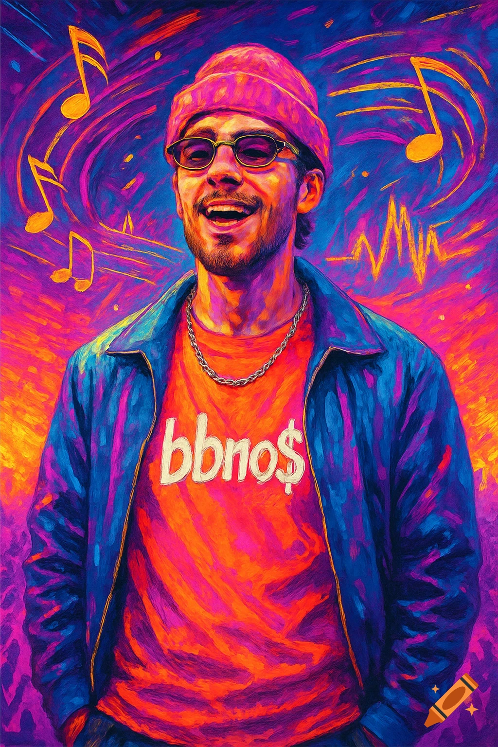 Vibrant, painterly portrait of a man in a pink beanie and blue jacket smiling, with 'bbno$' on his orange shirt, surrounded by musical notes.