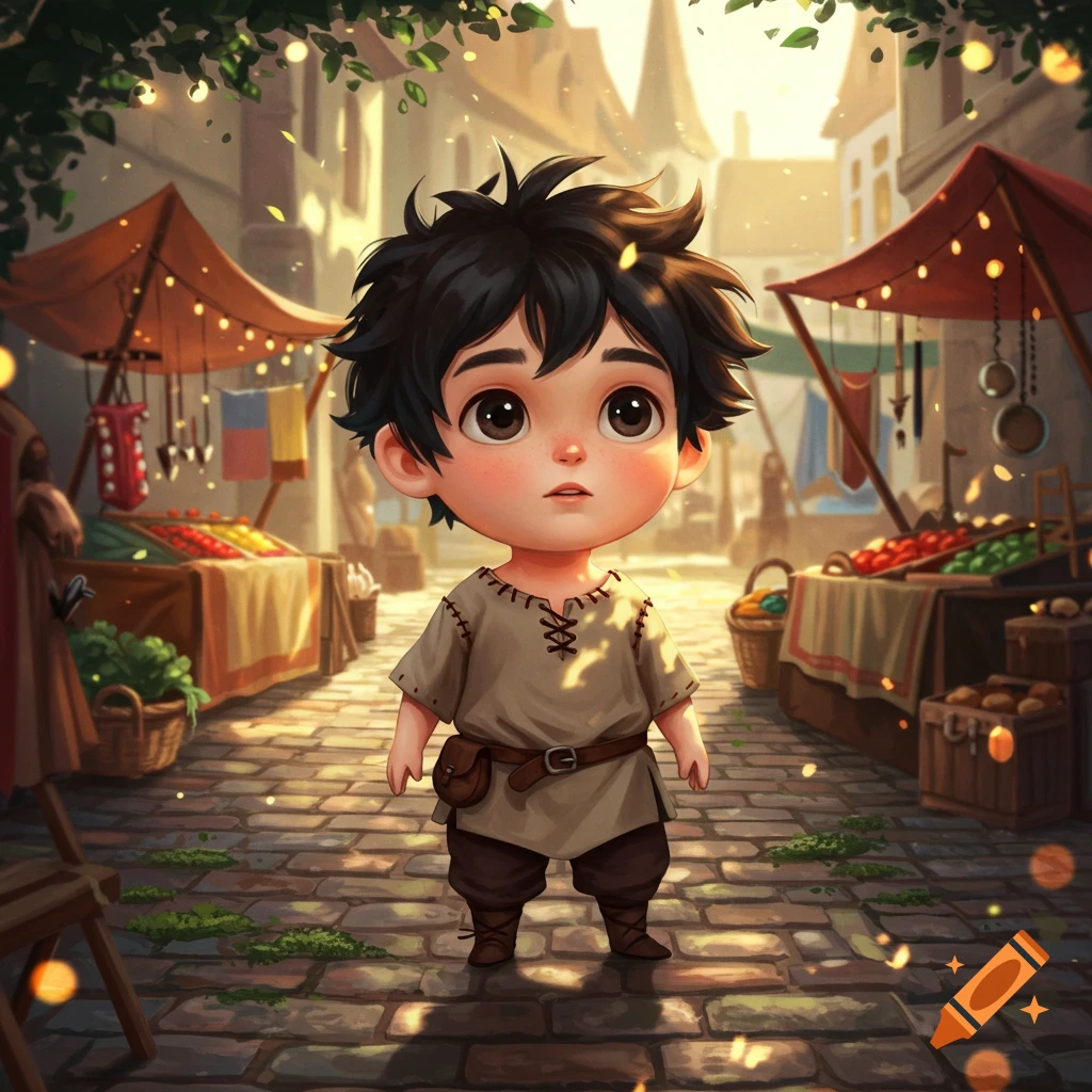 A cute, stylized medieval boy with black hair stands in a bright marketplace with vendor stalls and buildings.