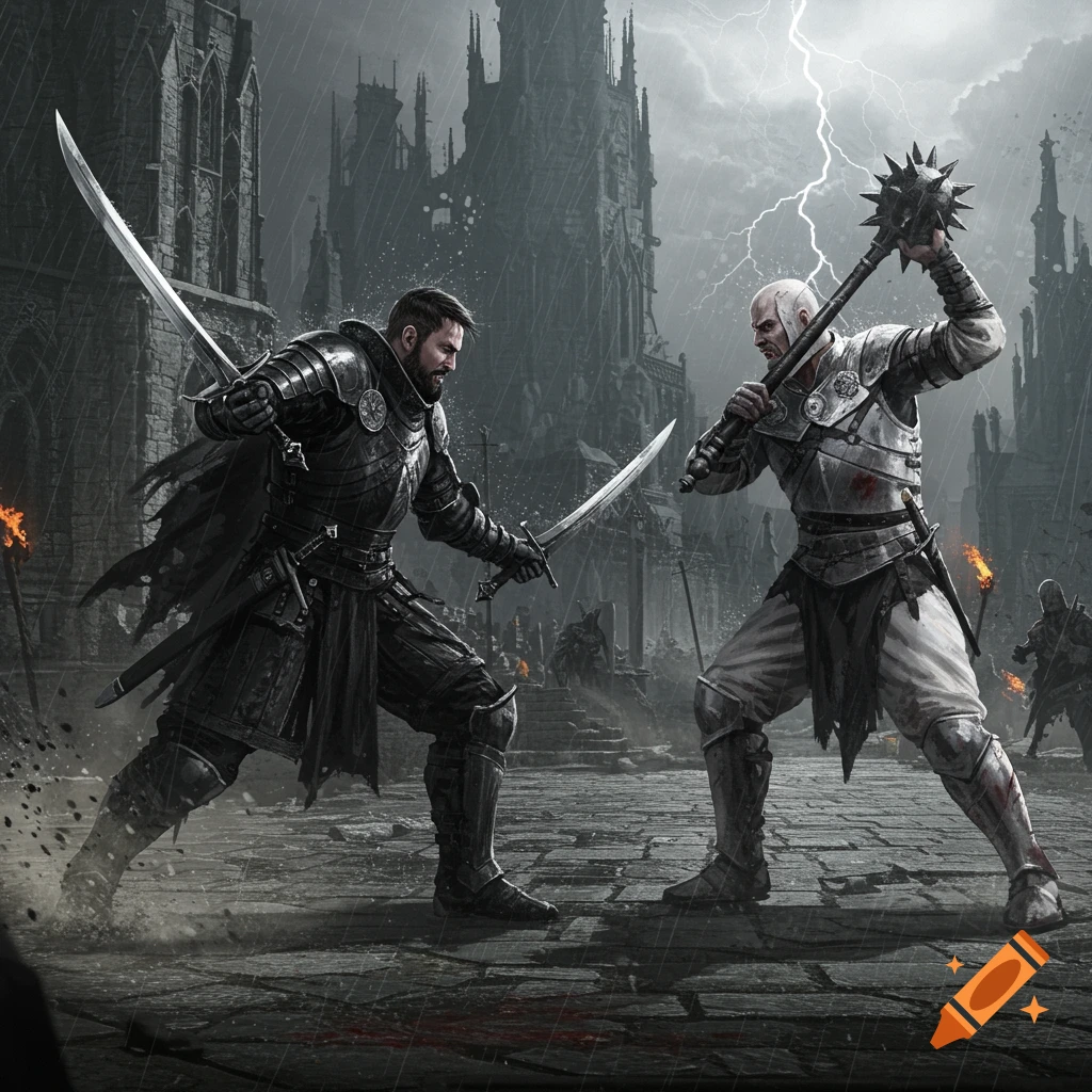 Two armored men in a sword and mace fight outside a crumbling castle under lightning and rain. Dark fantasy style.