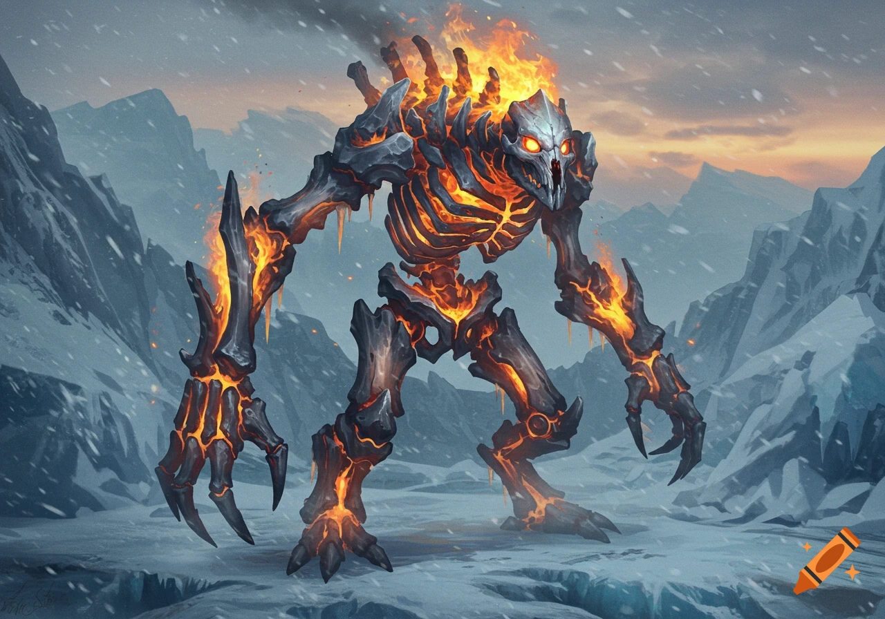 A towering skeletal monster infused with glowing lava and fire stands in a snowy, mountainous landscape.