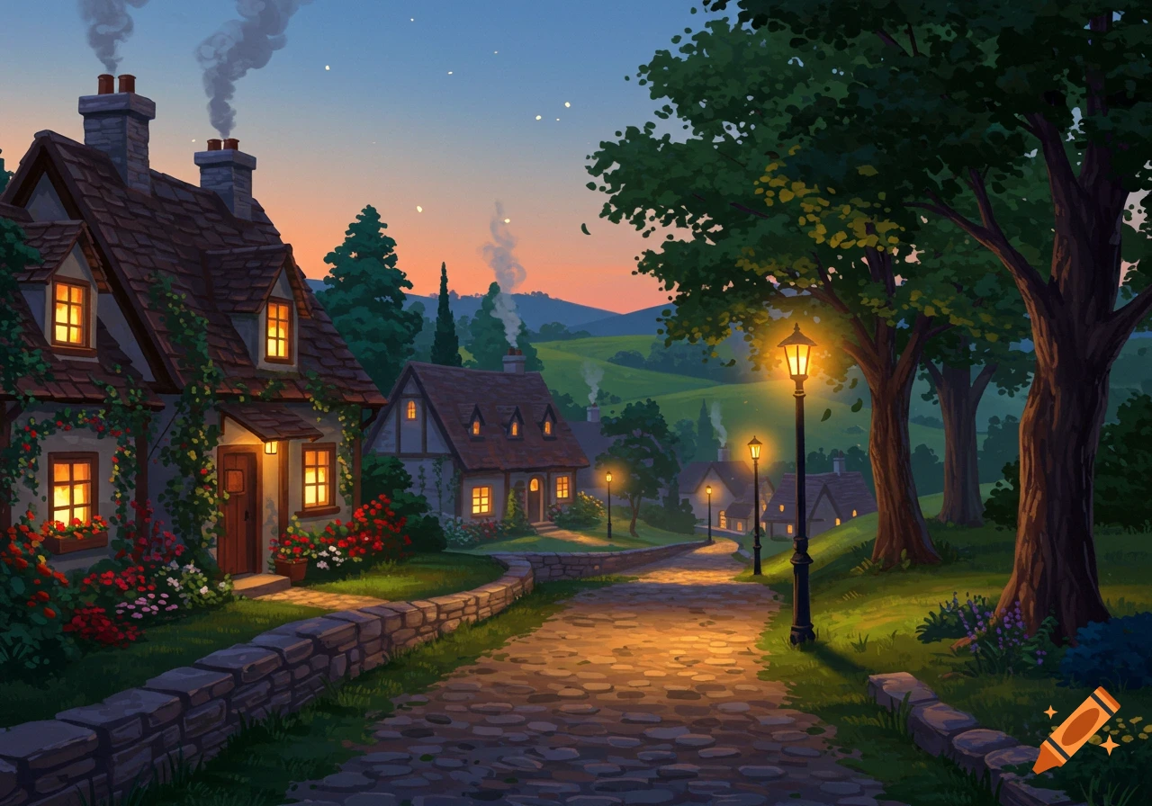 Stylized evening village scene with glowing lanterns, cobblestone path, and cozy cottages amidst green hills.