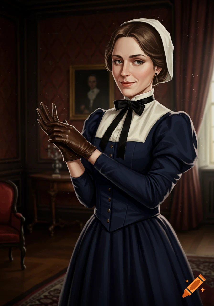 A governess with a knowing smile puts on brown gloves in a richly decorated room, illustration style.