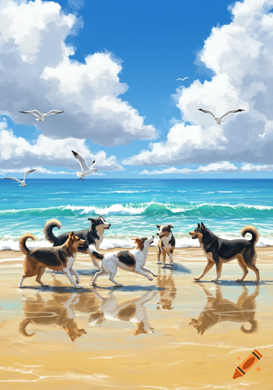 Painterly illustration of dogs playing on a sandy beach with ocean waves, seagulls, and a cloudy blue sky.