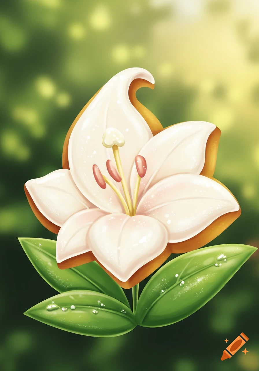A stylized white lily flower made of cookie and frosting, with green leaves, against a blurred green background.