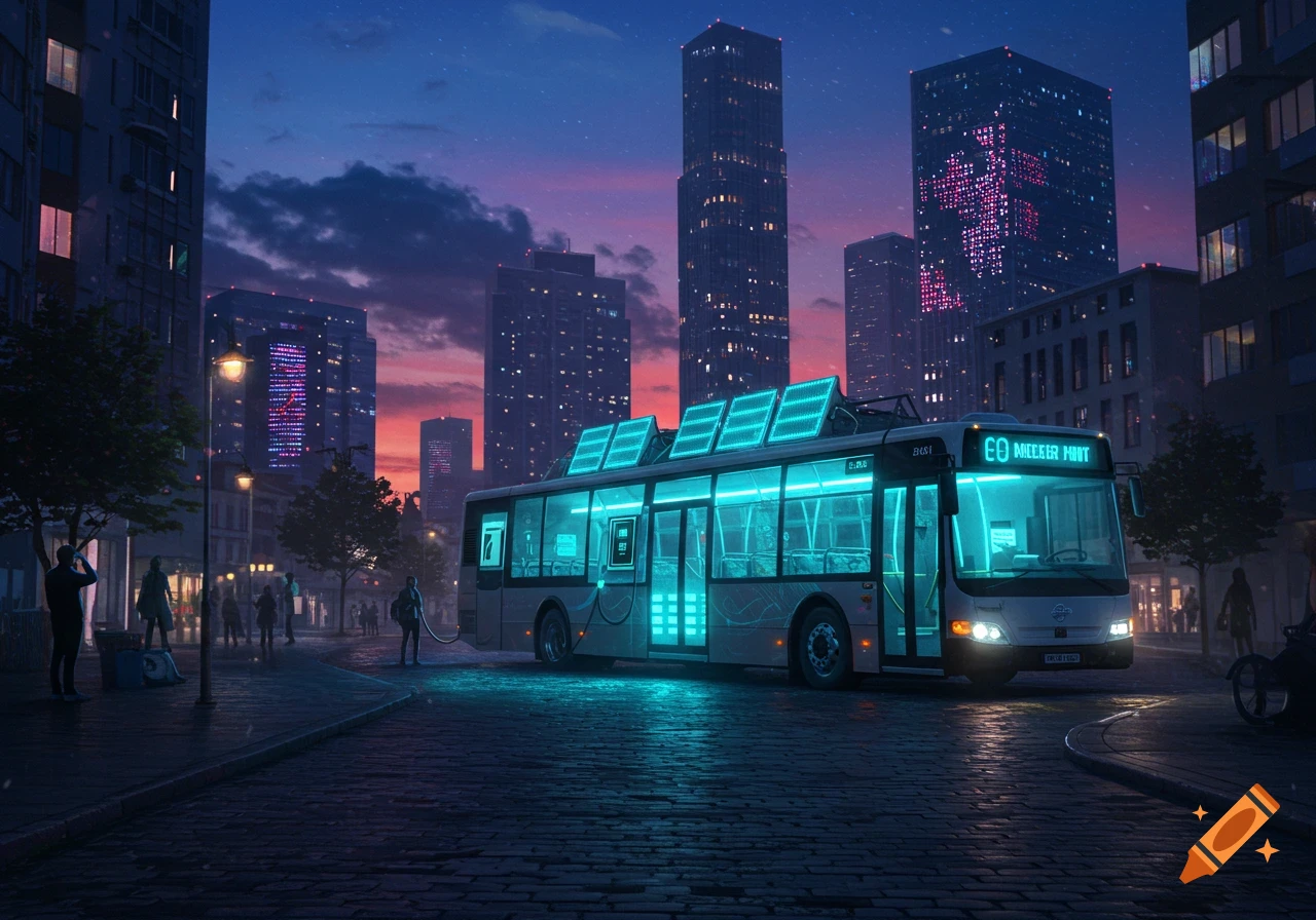 A futuristic bus with neon blue lighting and solar panels on its roof drives through a city at dusk, surrounded by tall buildings.